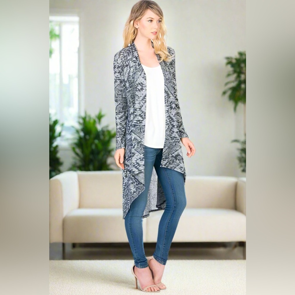 S/M/L NEW Womens Long Gray Aztec Cardigan, High-Low Sweater Duster Topper